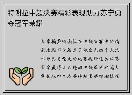 特谢拉中超决赛精彩表现助力苏宁勇夺冠军荣耀