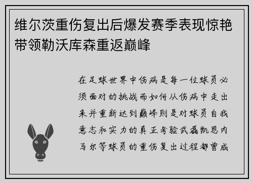 维尔茨重伤复出后爆发赛季表现惊艳带领勒沃库森重返巅峰
